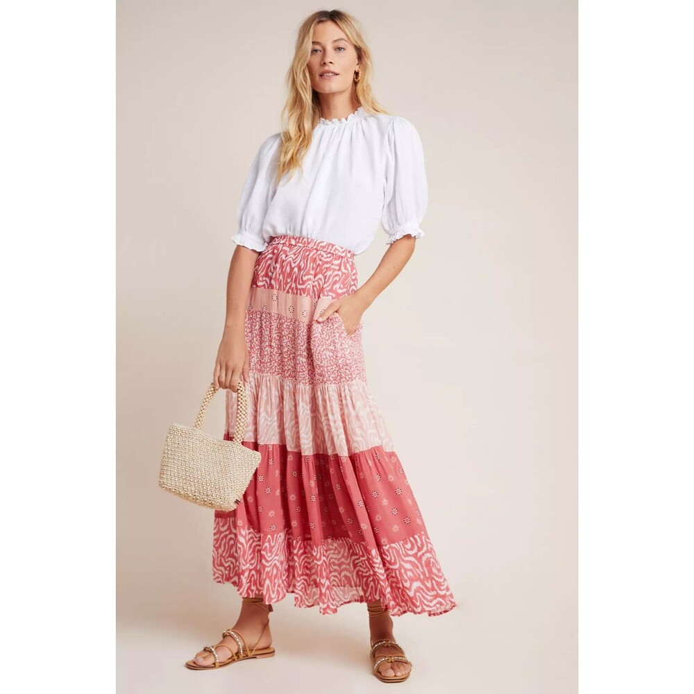 Anthro DOLAN Freja Tiered Maxi Skirt Small Red Animal Print Tiered Maxi Chiffon